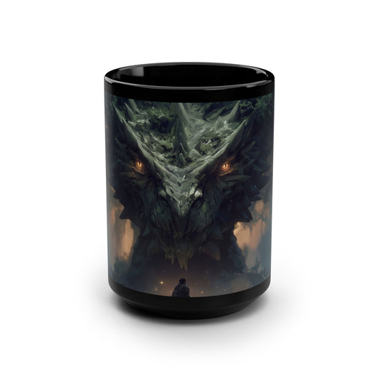 Ancient Guardian Dragon Black Mug, 15oz – Moss-Covered Forest Sentinel
