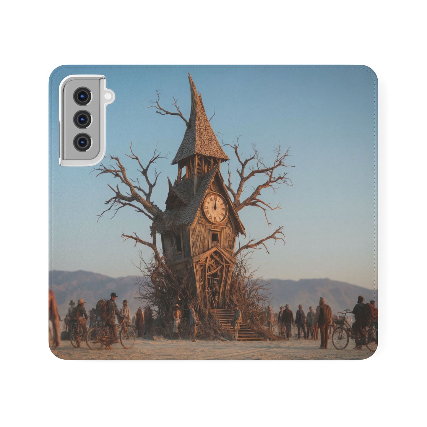 Clocktower Wanderers Flip Cases – Dusty Desert Sentinel Scene