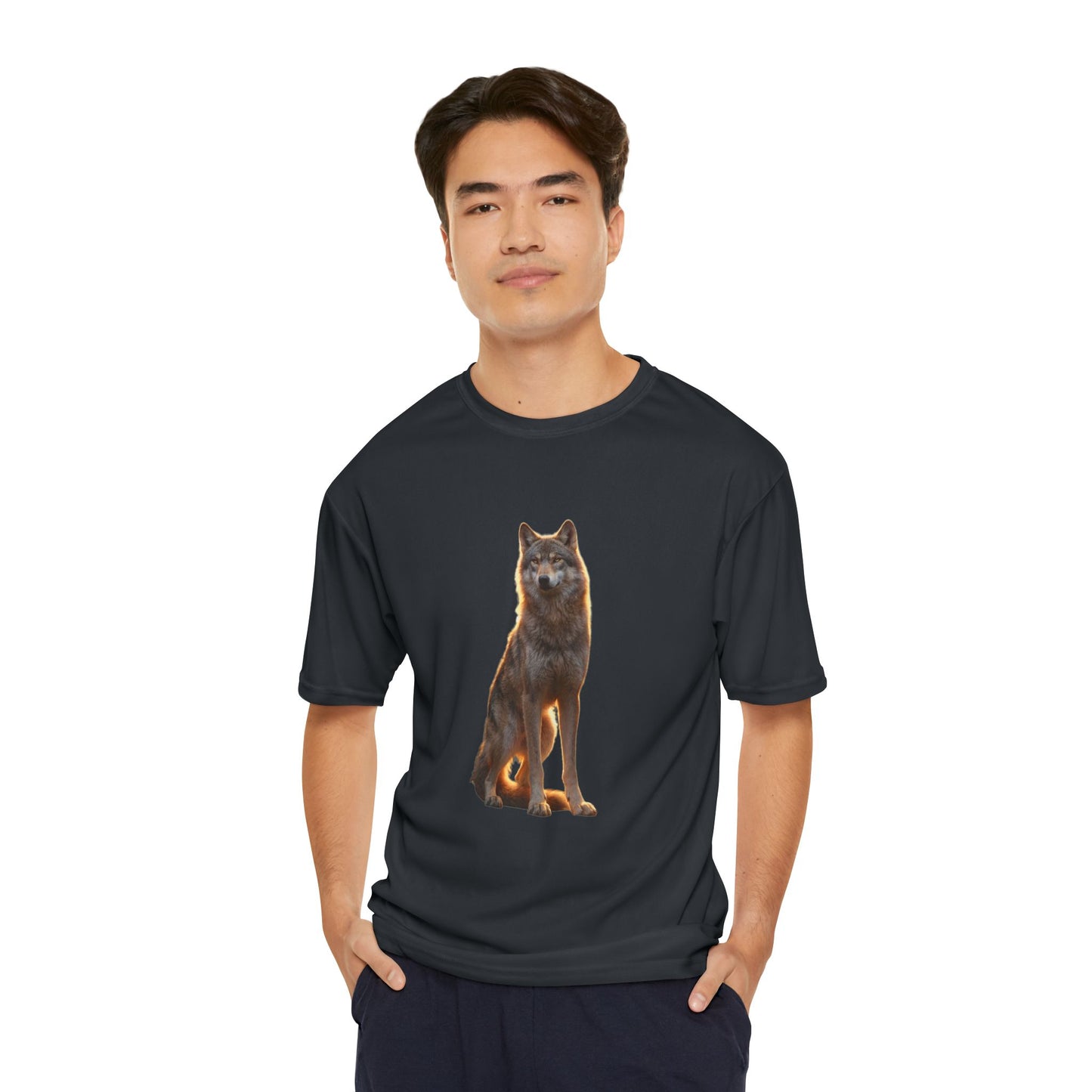 Golden Hour Wolf Men's Performance T-Shirt – Sunlit Sentinel Graphic Tee
