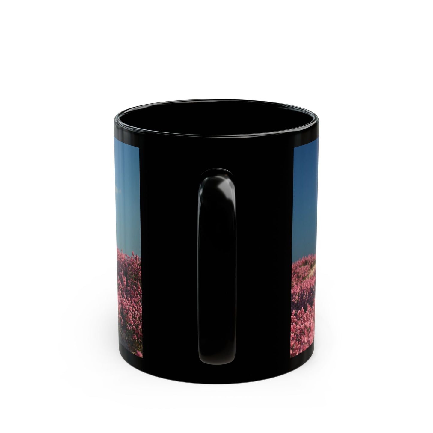 Stone Portal in Pink Bloom Field Mug – Serene Gateway to Dreamscapes