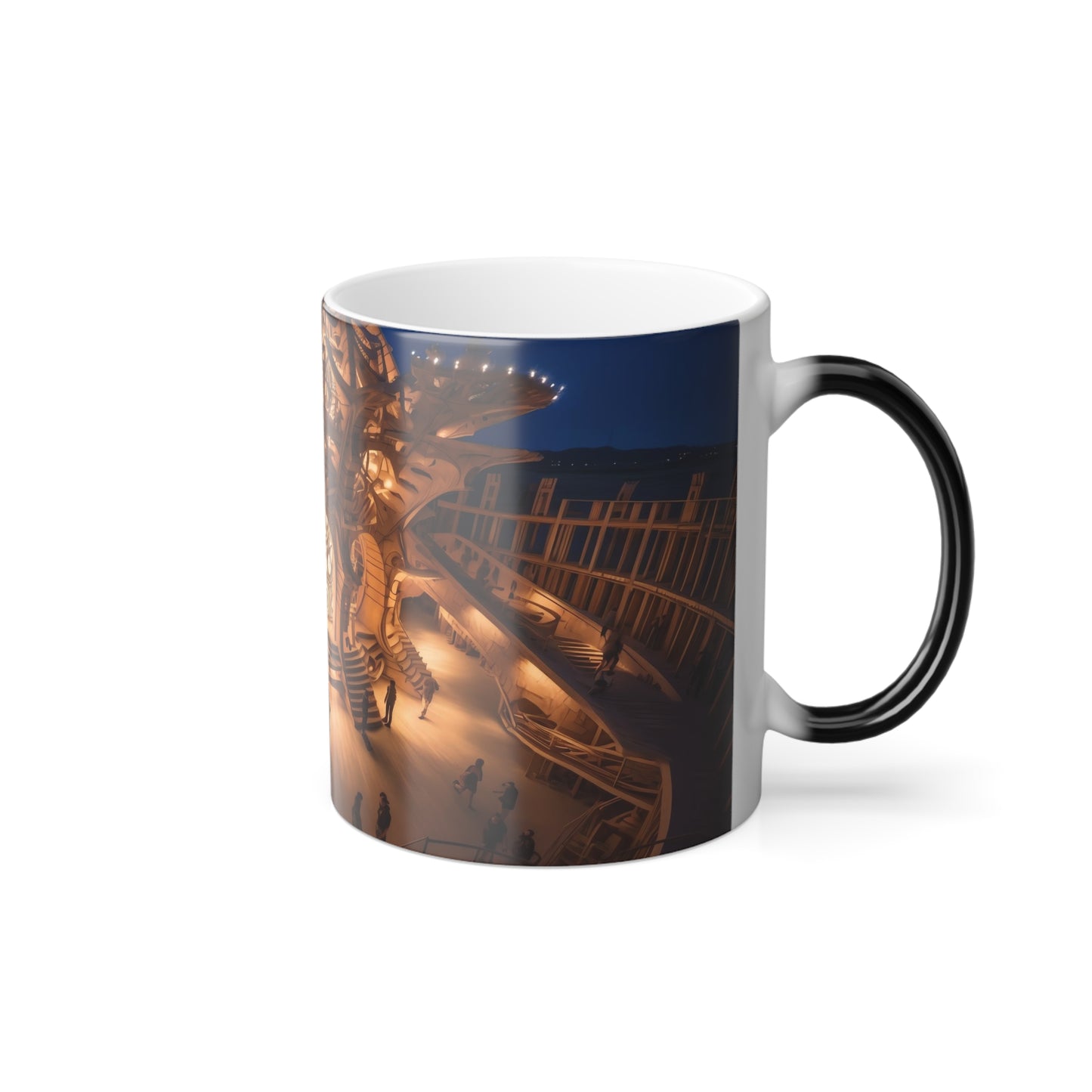 A colossal wooden and metal structure resembling a labyrinth at the Burning Man festival,  -  Color Morphing Mug, 11oz