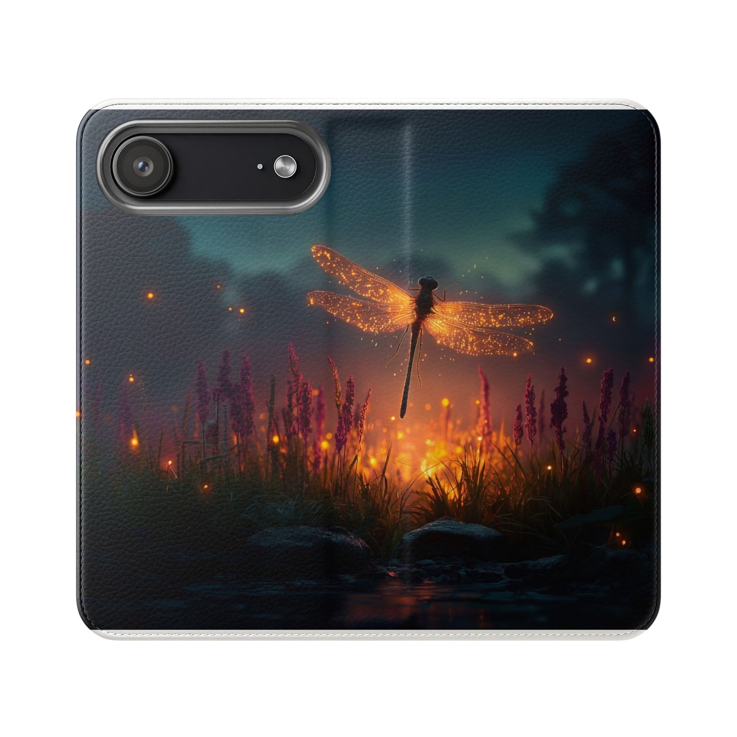 Bioluminescent Dragonfly Flip Cases – Glowing Amber Wings Over Twilight Marsh