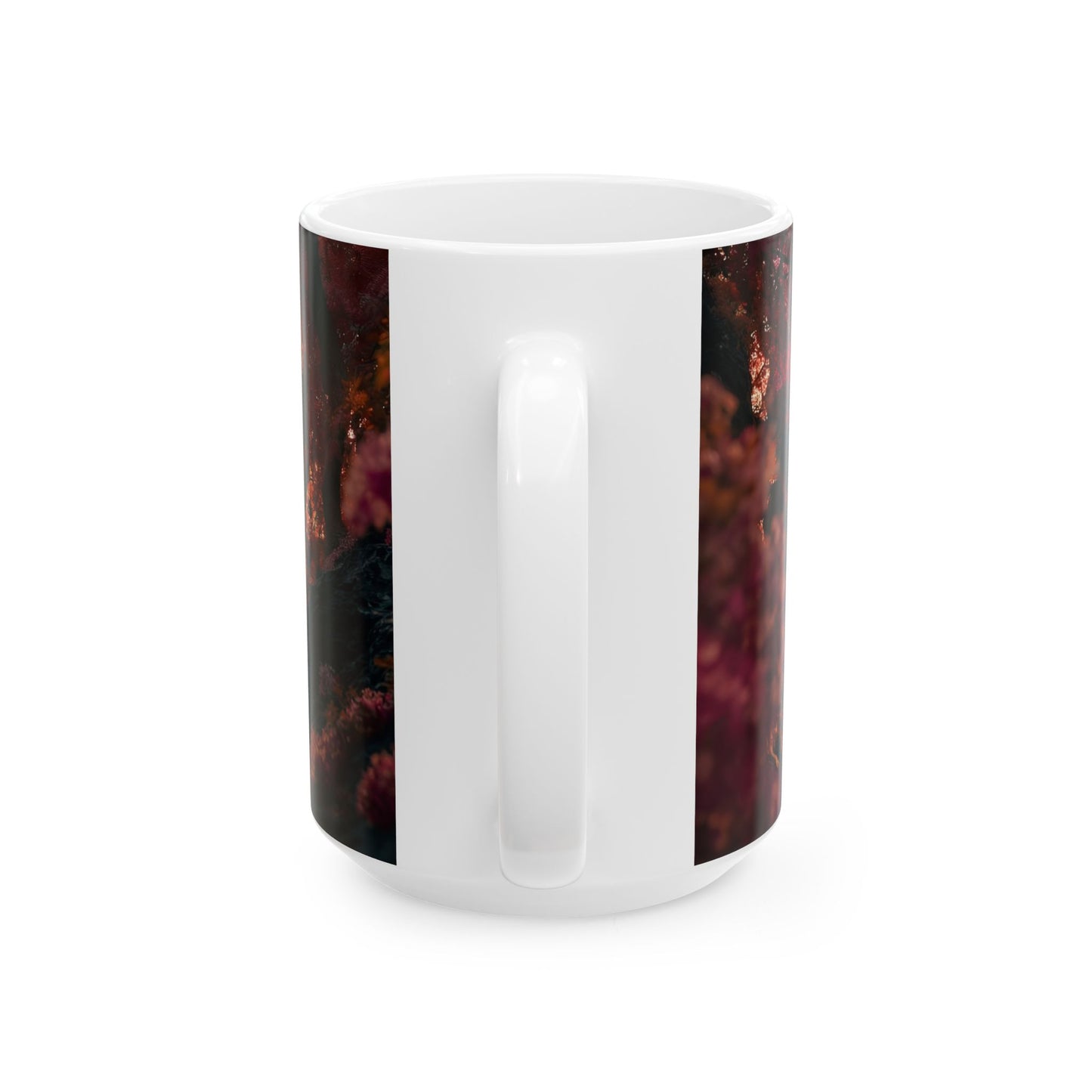 Crimson Canopy Ceramic Mug – Whispers of a Love-Spun Forest