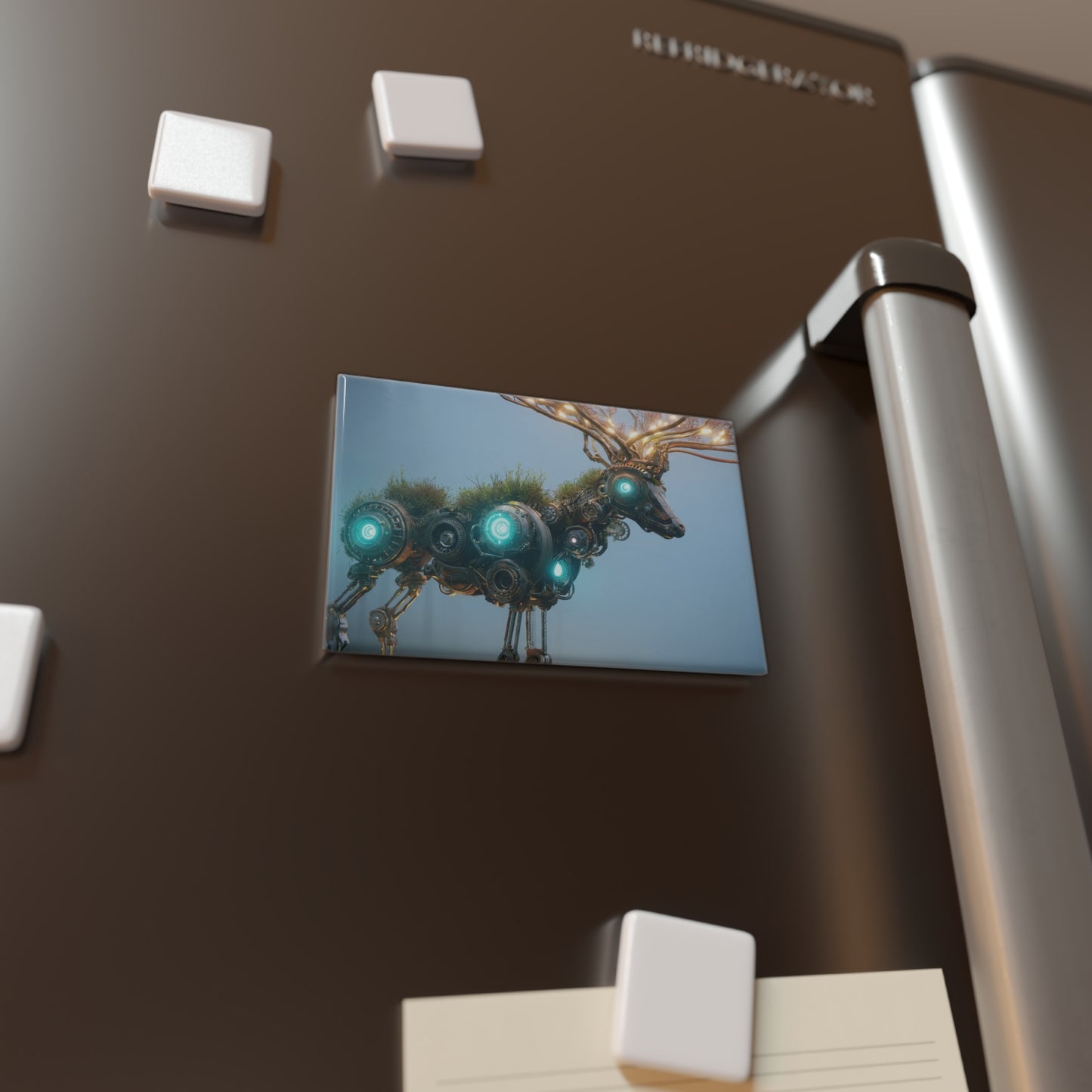 Cybernetic Forest Stag Button Magnet, Rectangle (1 & 10 pcs) – Glowing Antlers in Misty Dawn