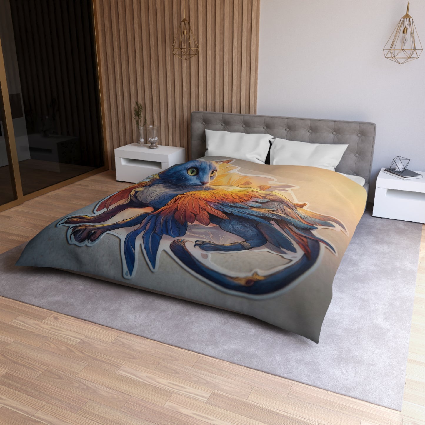 Azure Winged Cat Microfiber Duvet Cover – Sunset Guardian Dreamscape