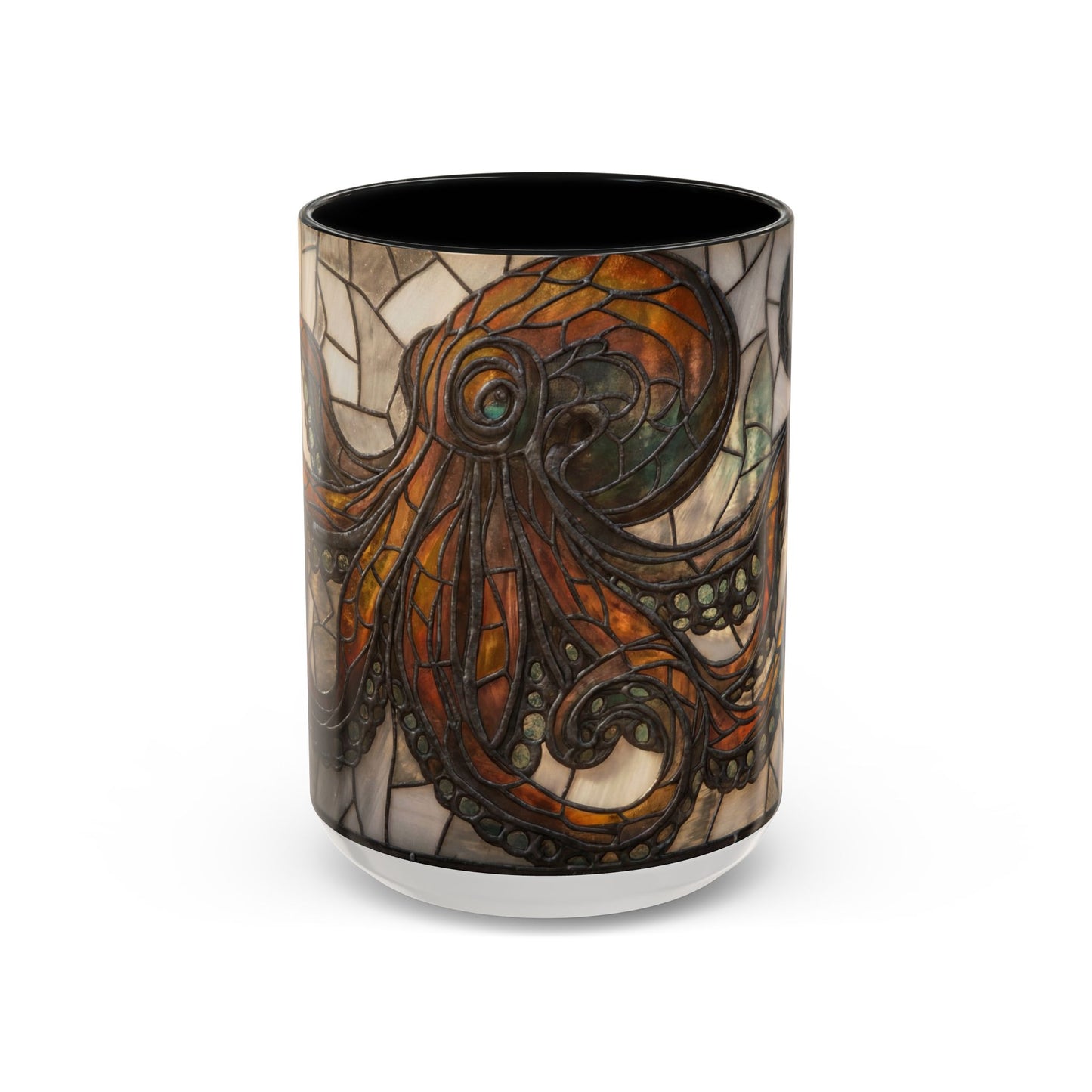 Stained Glass Octopus Accent Coffee Mug – Amber Tentacle Mosaic Art