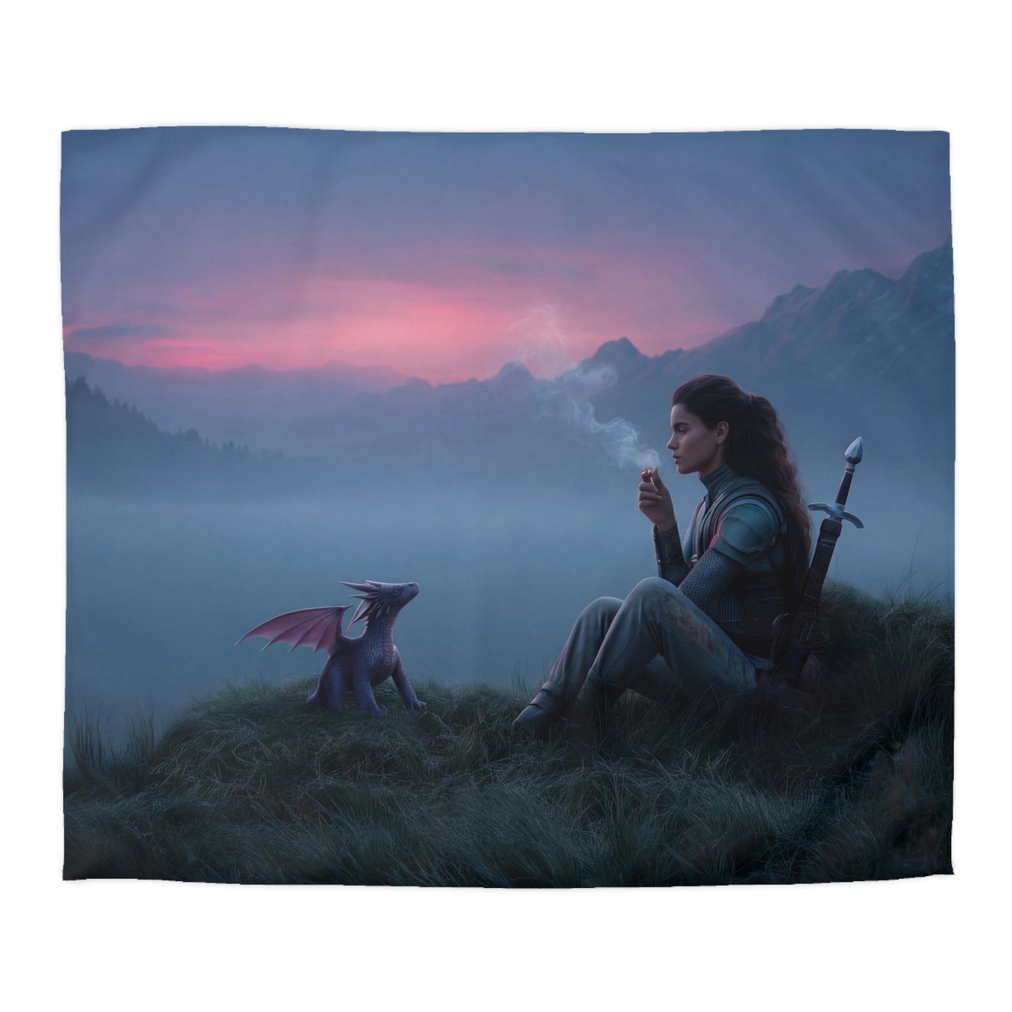 Dragon Guardian Duvet Cover – Misty Mountain Sentinel at Sunset