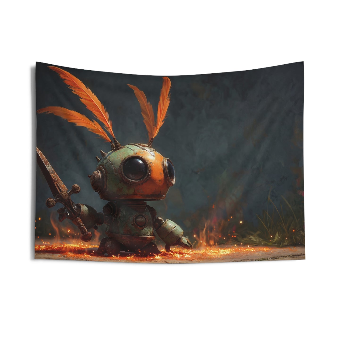 Feathery Robot Sentinel Indoor Wall Tapestries – Warm Glow in the Gloom