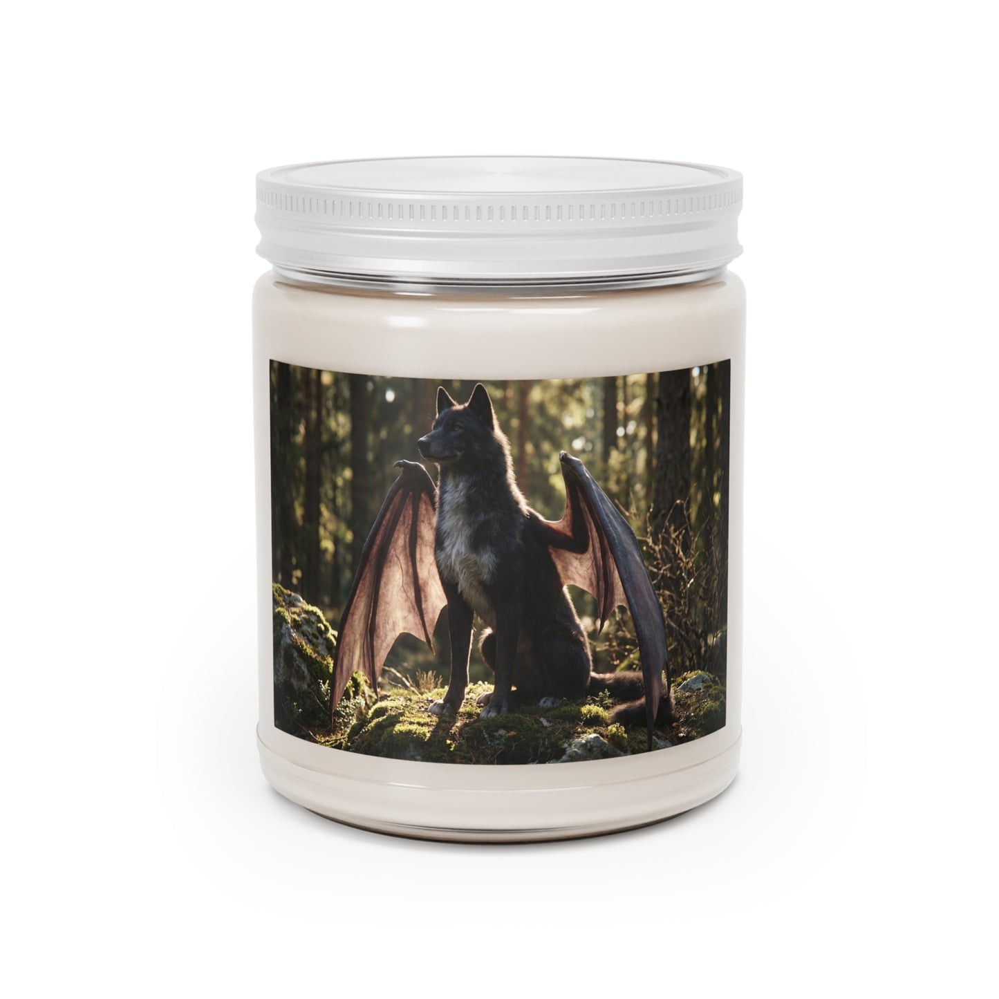 Winged Wolf Forest Candle – Sunlit Sentinel Dreamscape