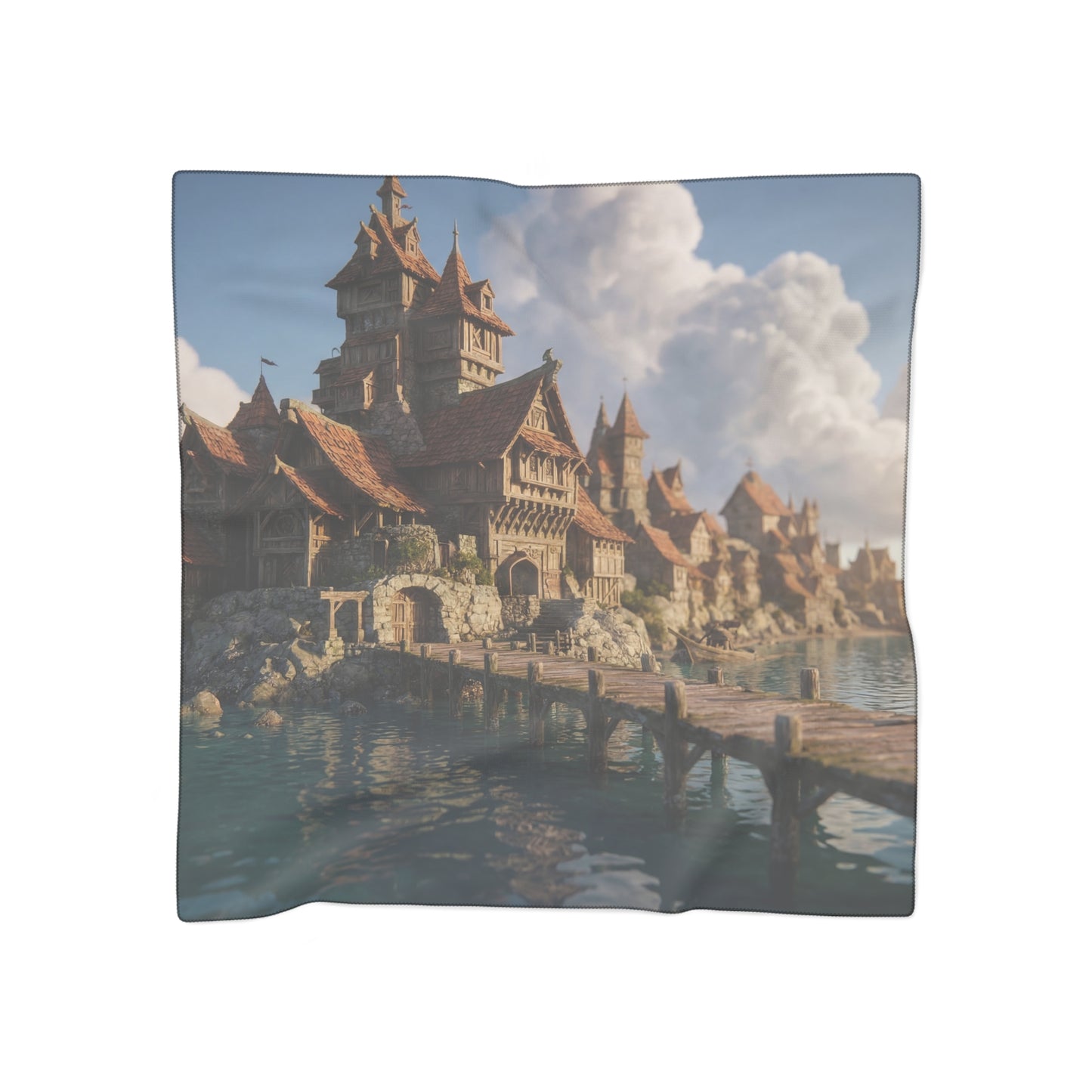 Coastal Viking Village Poly Scarf – Sunset Harbor Whispers