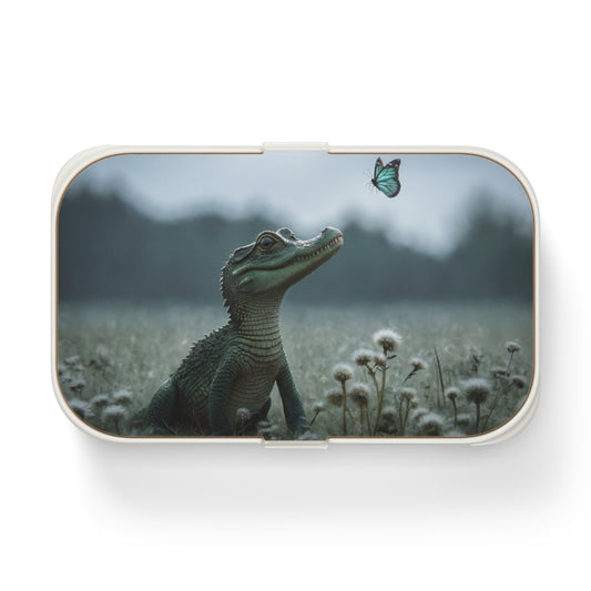 Curious Caiman Bento Lunch Box – Emerald Gaze Meets Azure Butterfly