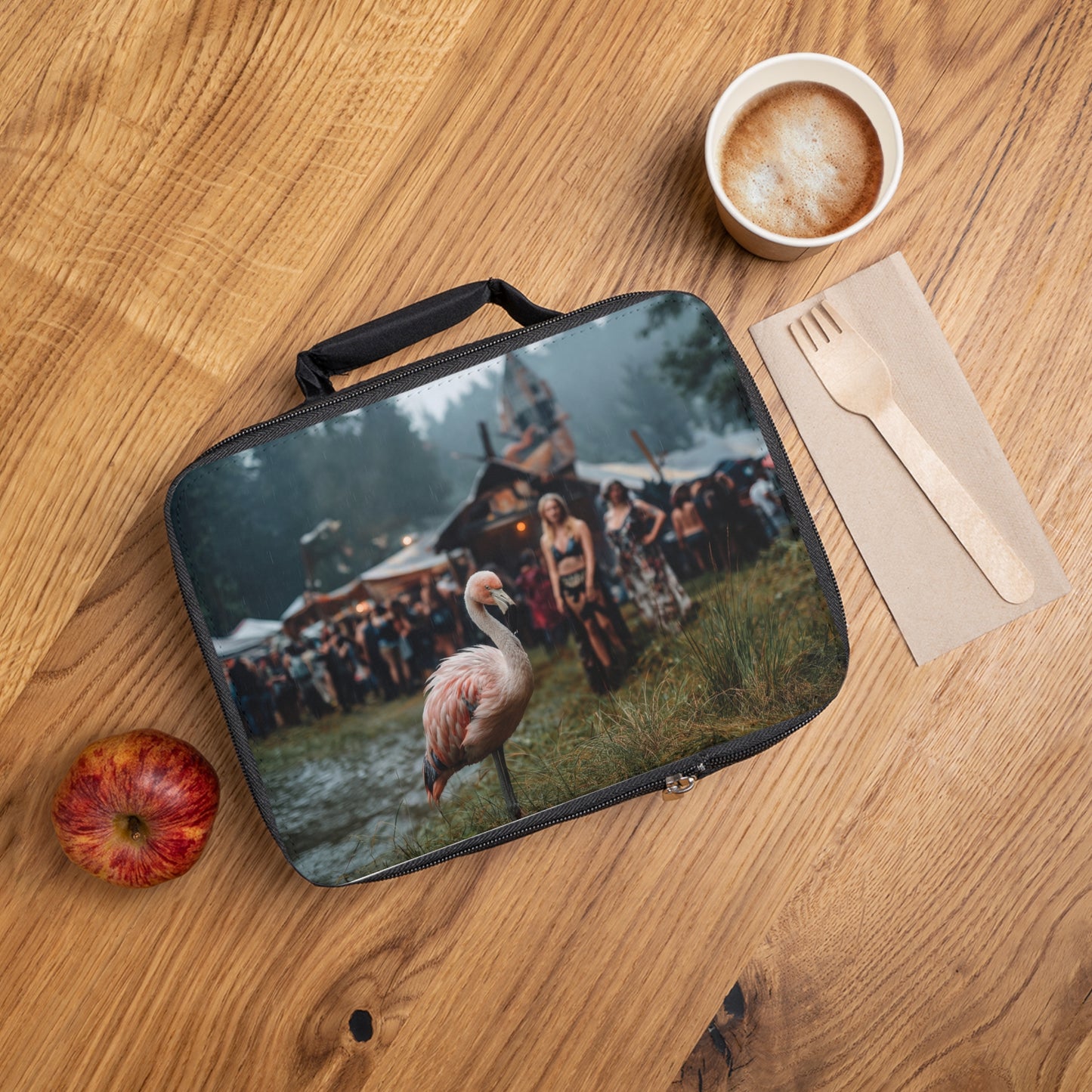 Rain-Slicked Flamingo Lunch Bag – Forest Festival Serenity