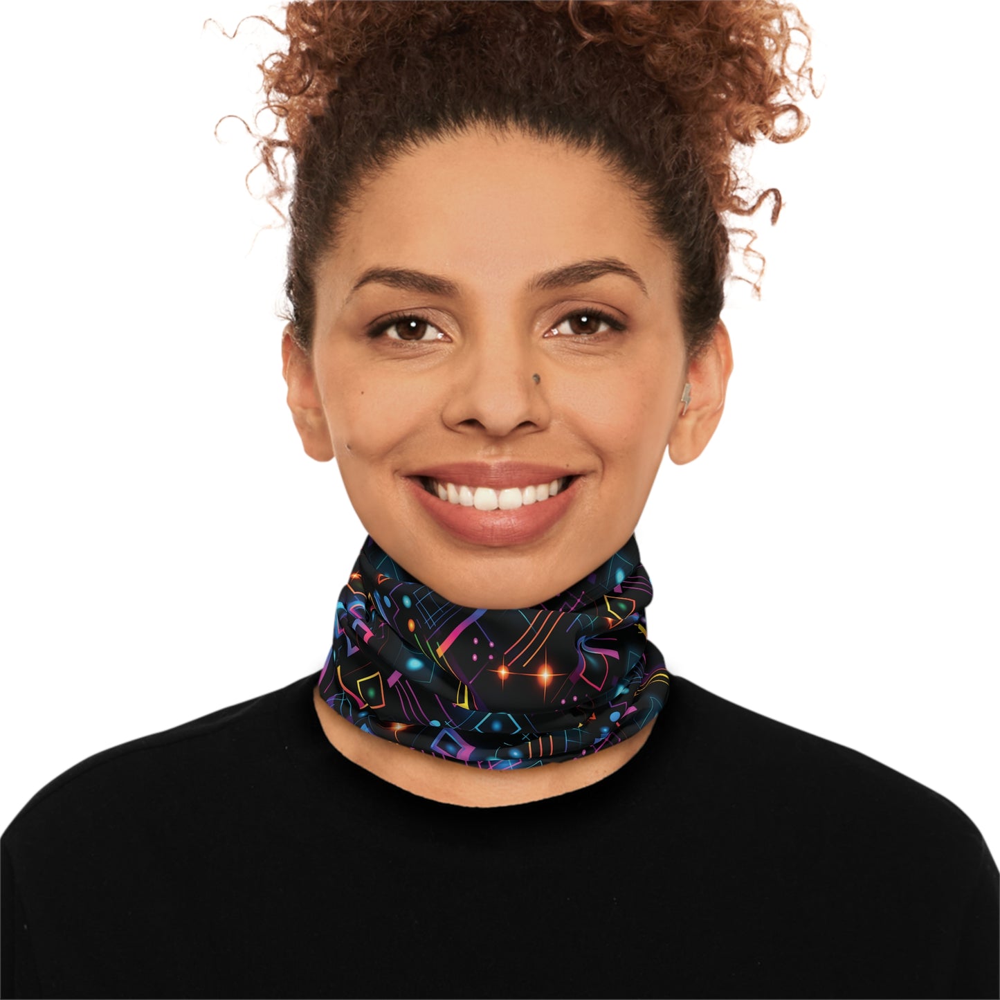 "A tiling pattern of abstract geometric shapes in neon colors with laser beam accents on a black background" - Lightweight Neck Gaiter