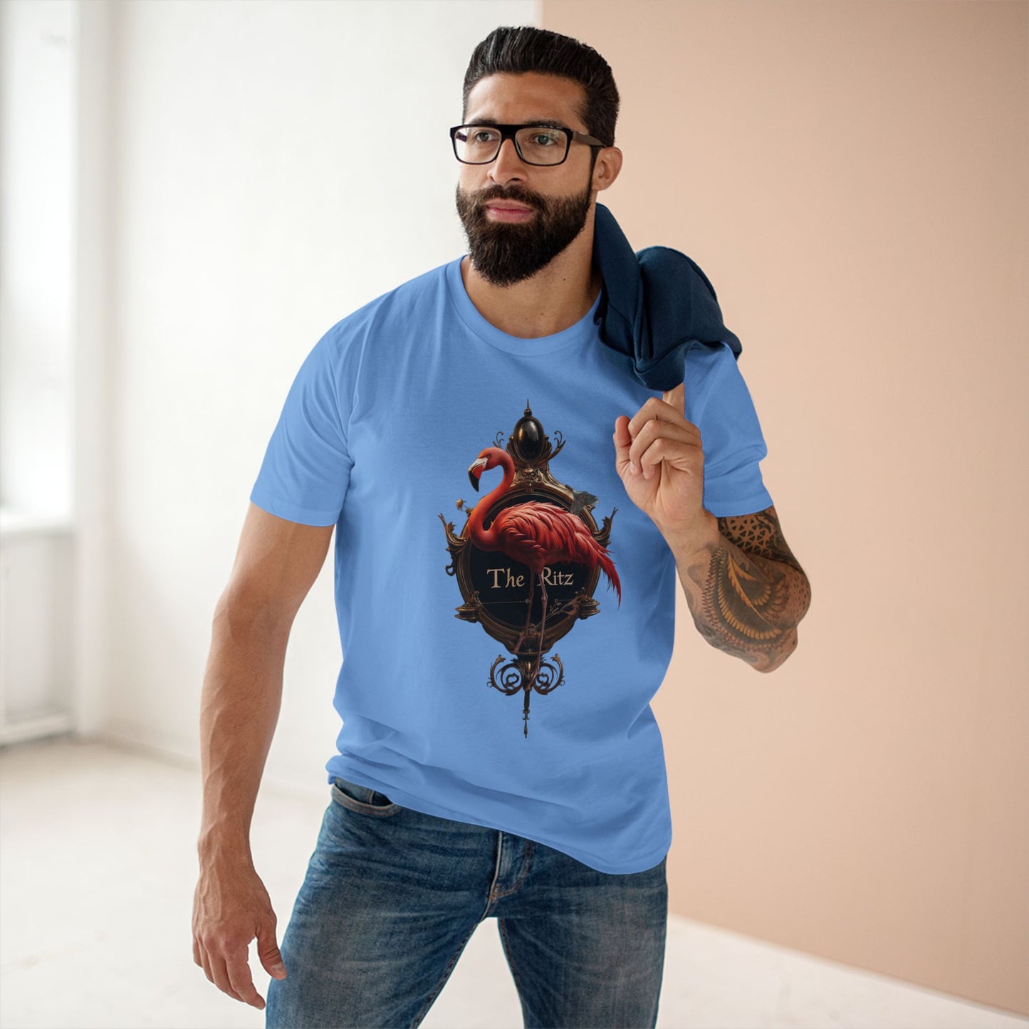 Crimson Flamingo The Ritz Tee – Ornate Gold Crest & Elegant Bird Art