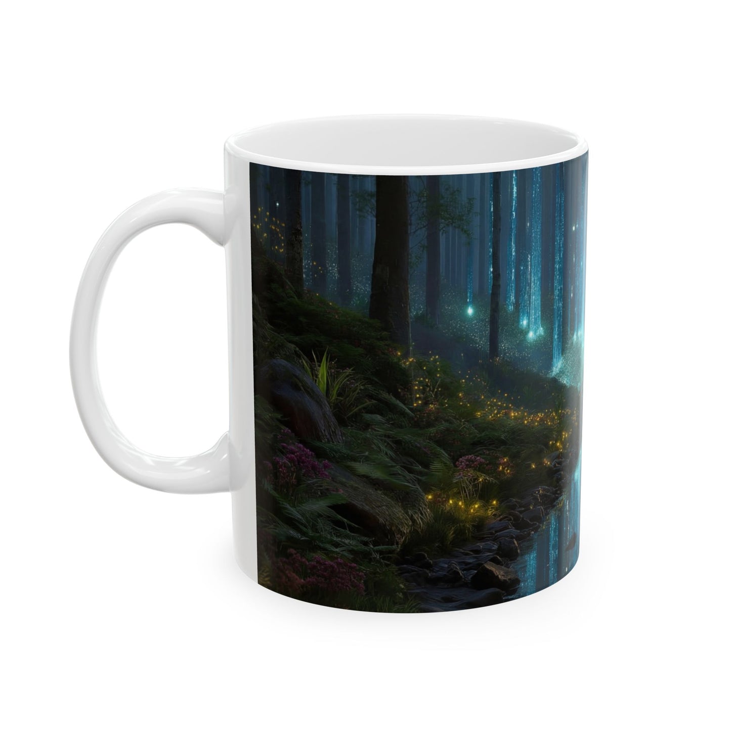 Celestial Forest Stream Ceramic Mug – Azure Lightfall Dreamscape