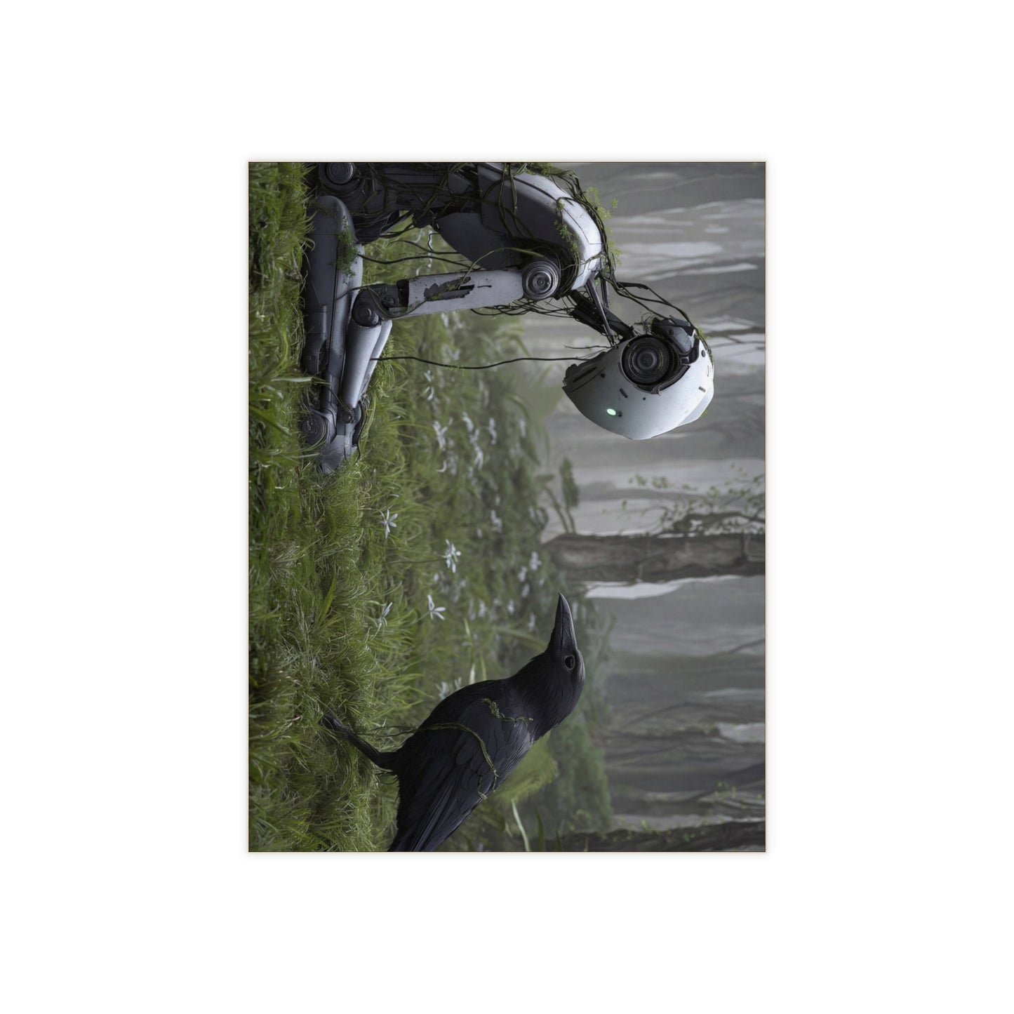 Forest Oracle Ceramic Photo Tile – Rustic Robot and Raven Dialogue