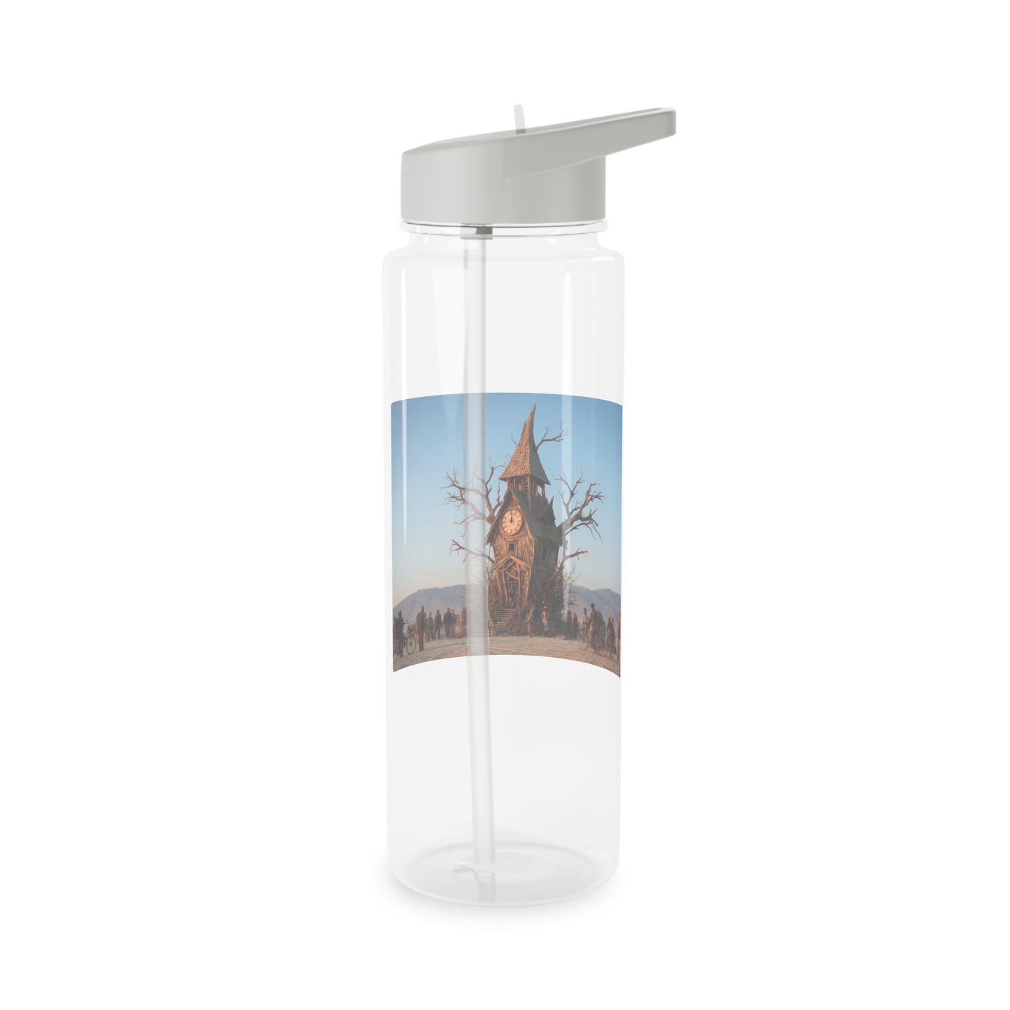 Clock Tower Tritan Water Bottle – Worn Wooden Sentinel at Sunset