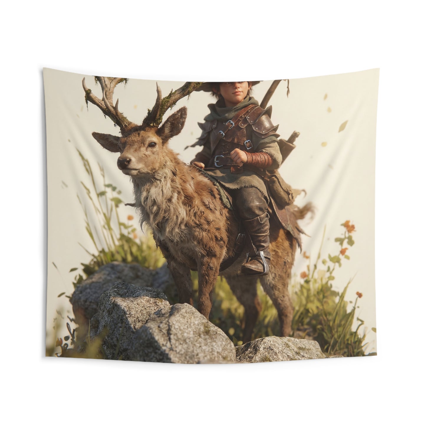 Boy with Antlered Deer Indoor Wall Tapestries – Whispering Woods Companion