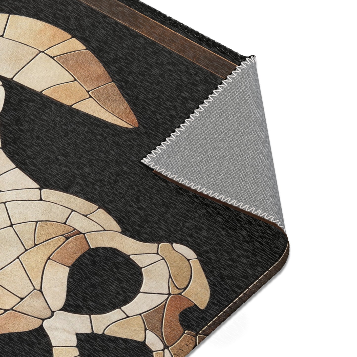 Mosaic Rabbit Skull Area Rug – Warm Earth Tones Against Deep Black