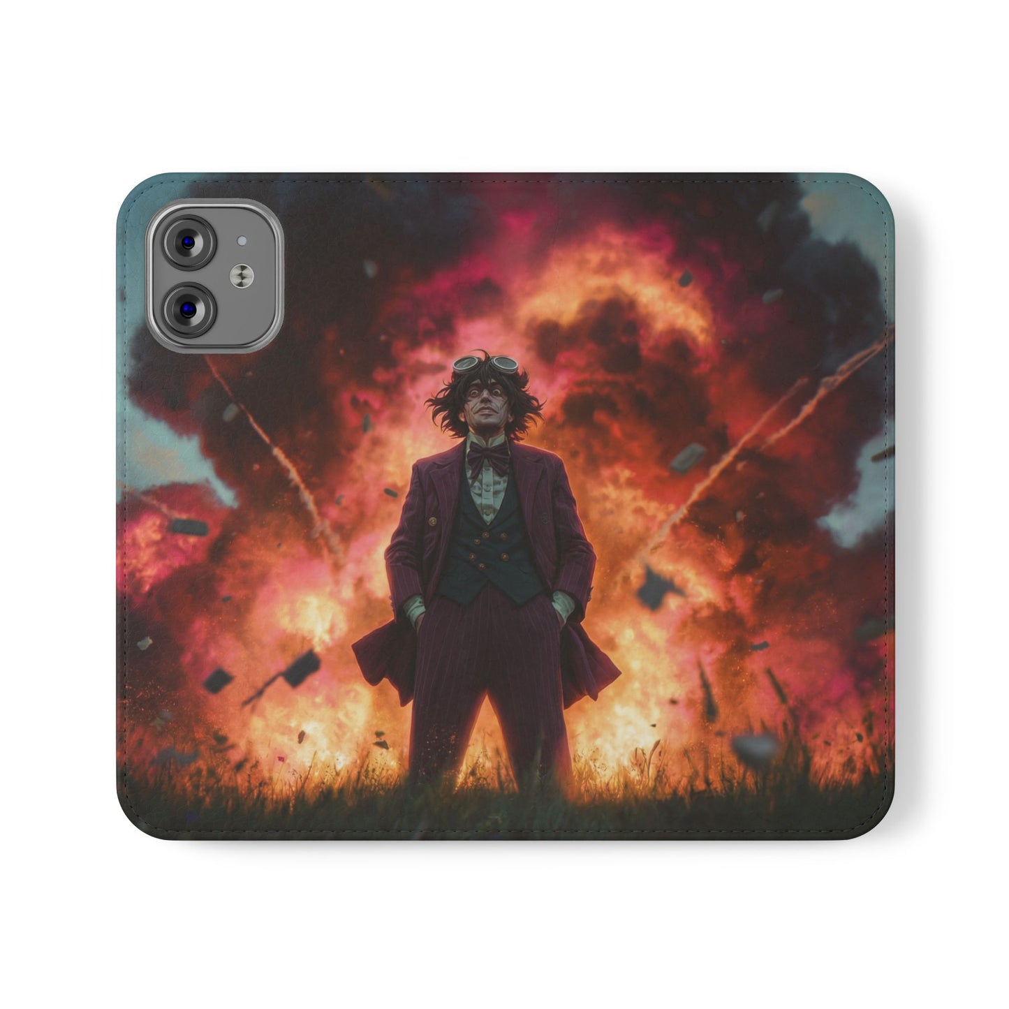 Goggles & Chaos Flip Cases – Purple Suit Amidst Fiery Explosion
