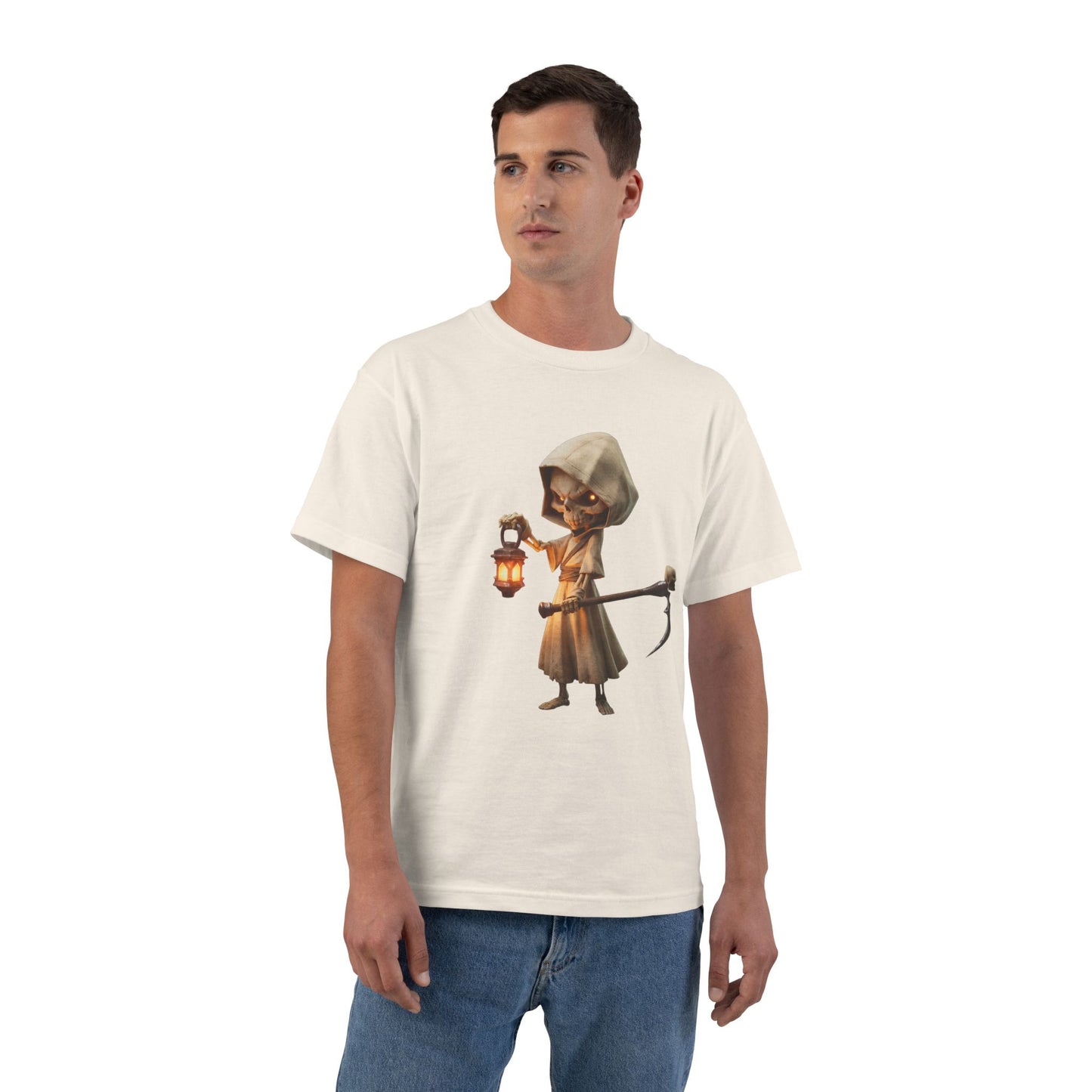 Lantern-Bearing Grim Reaper Short-Sleeve T-Shirt – Hooded Sentinel with Scythe