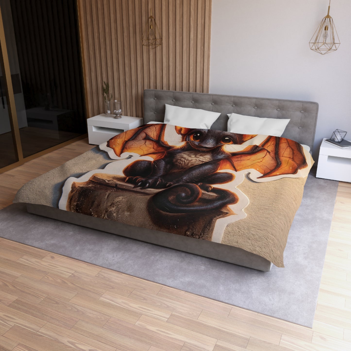 Winged Feline Sentinel Microfiber Duvet Cover – Amber Glow in Shadowed Gaze
