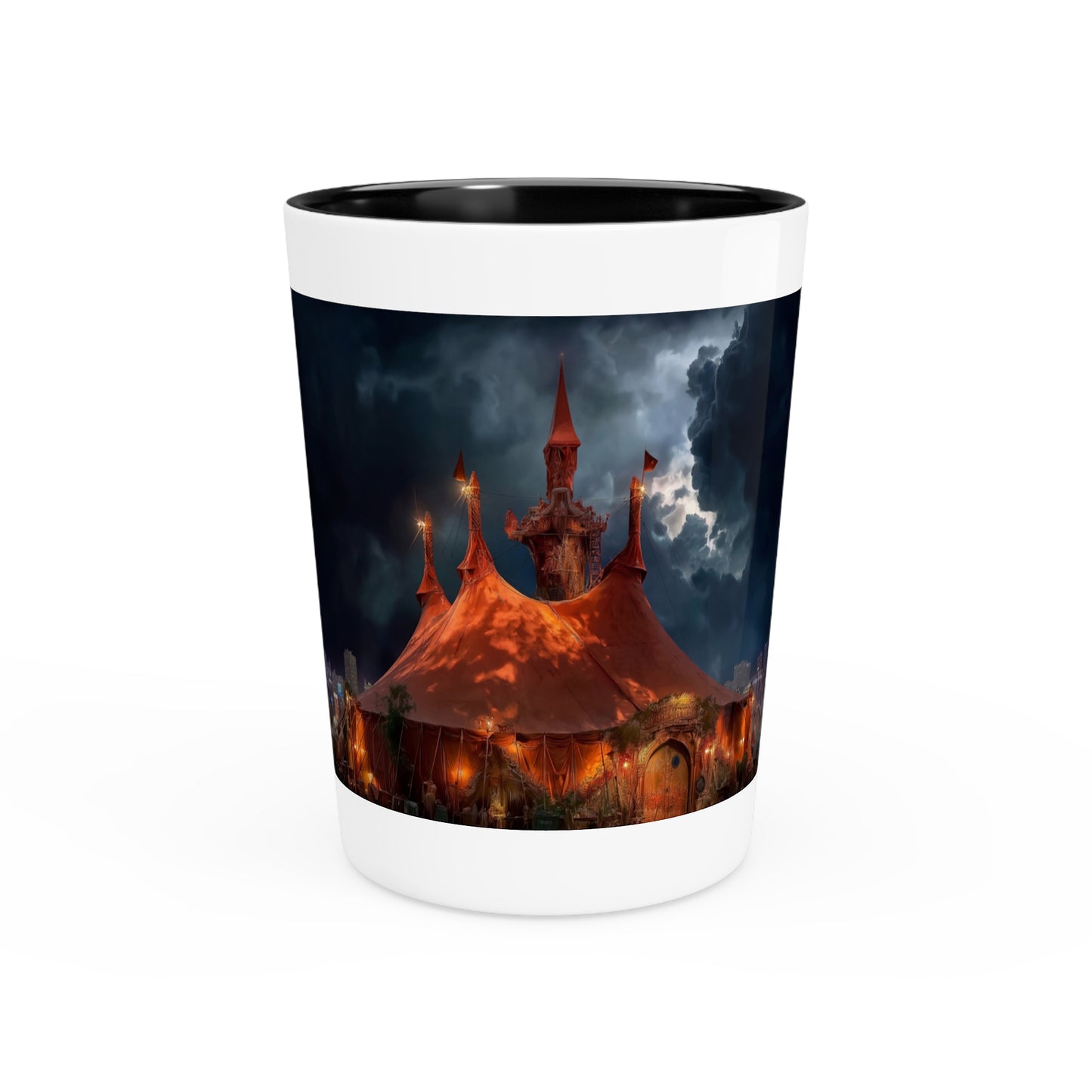 Crimson Circus Tent Shot Glass – Neon Nightscape Under Stormy Skies