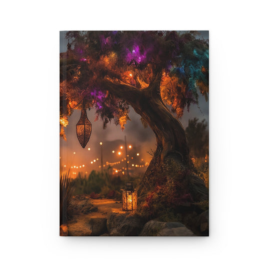 Whispering Lights Tree Hardcover Journal Matte – Campfire Serenity Under a Stormy Sky
