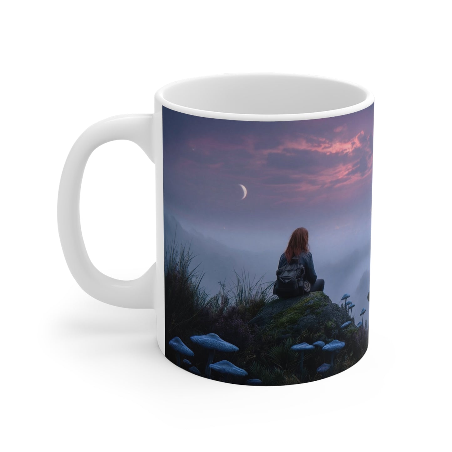 Twilight Sentinel Ceramic Mugs (11oz\15oz\20oz) – Moonlit Peak and Misty Cityscape