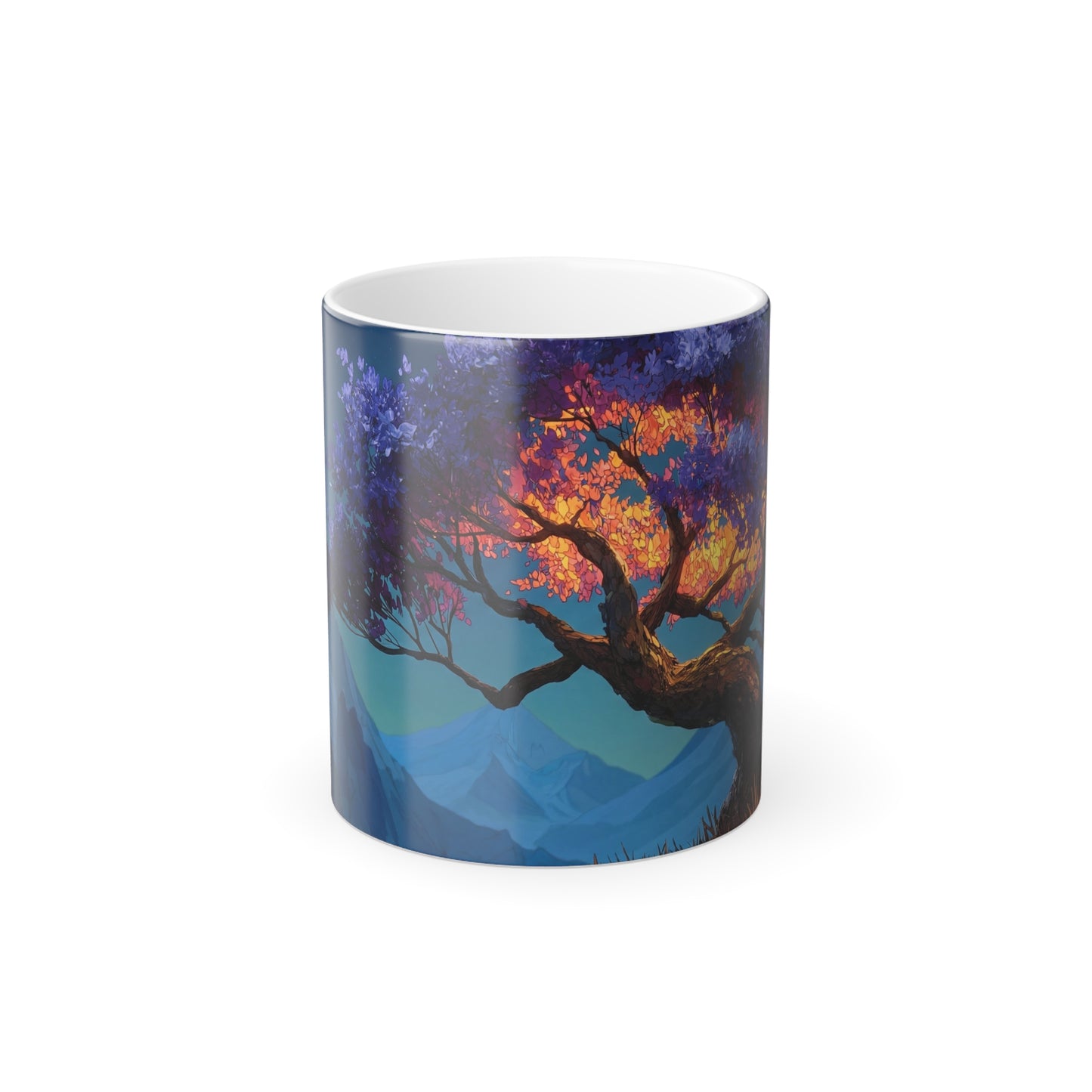 Title: Twilight Bloom Color Morphing Mug, 11oz – Purple and Gold Mountain Sunset