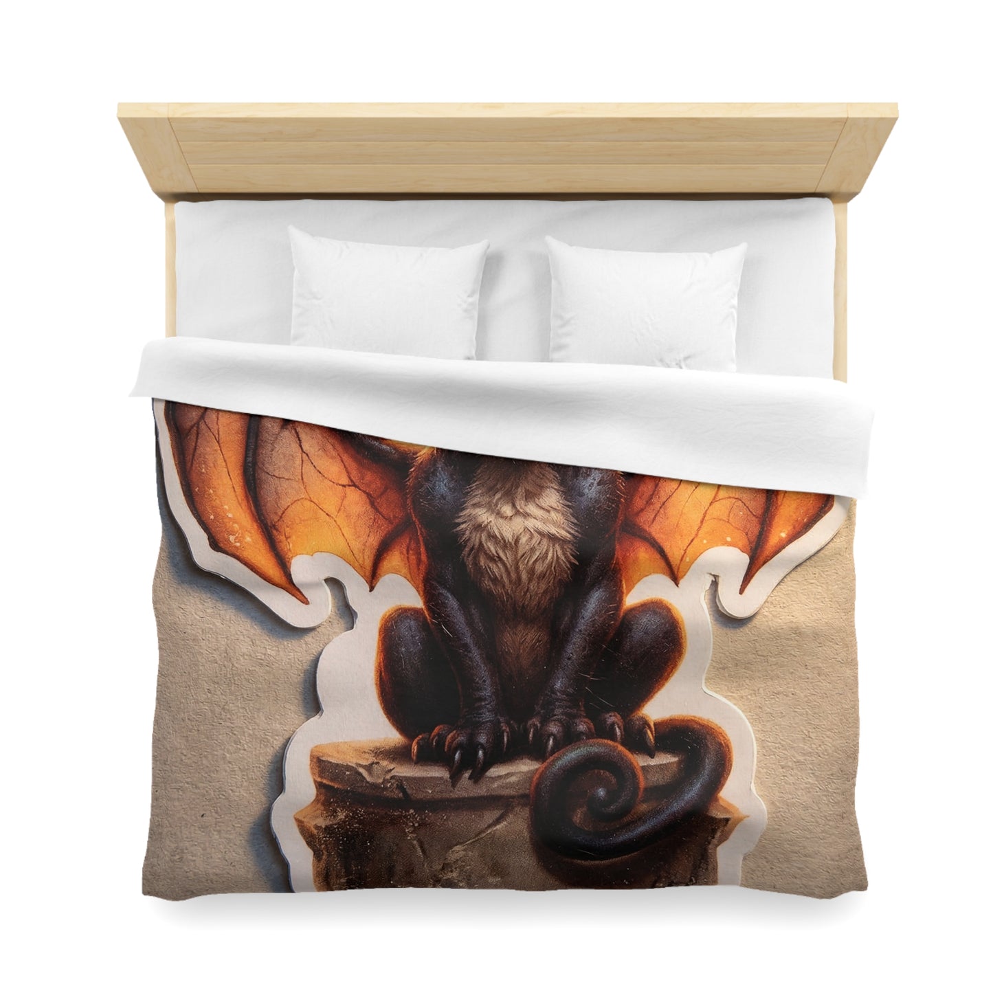 Winged Feline Guardian Microfiber Duvet Cover – Amber Glow in Midnight Stillness
