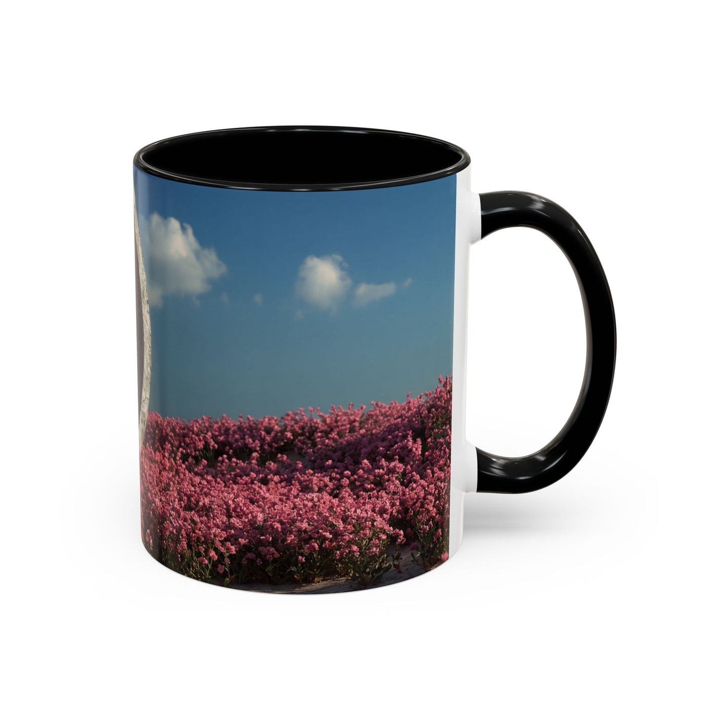 Stone Ring Garden Bloom Accent Coffee Mug – Cracked Concrete Portal in Pink Wildflowers