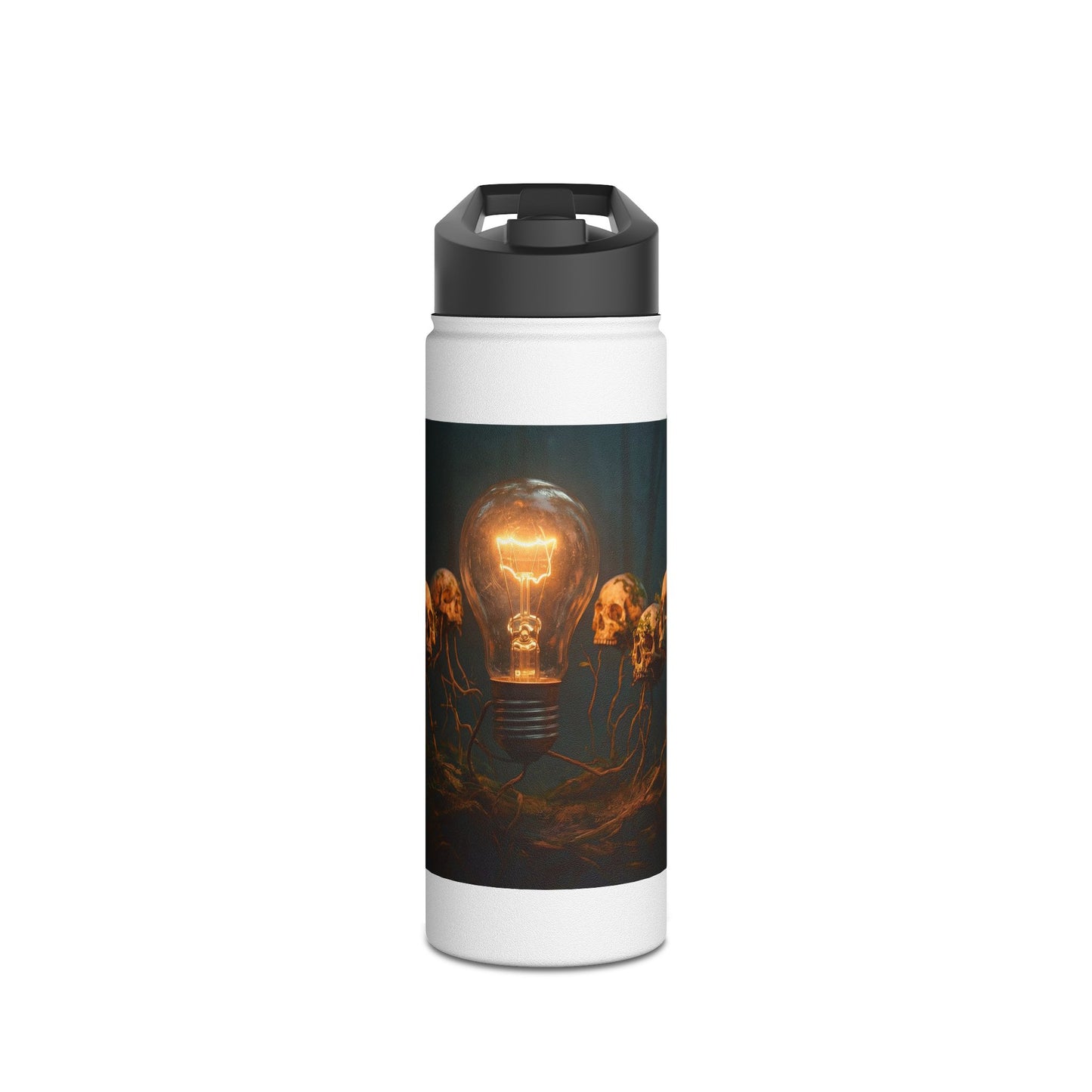 Glowing Lightbulb in Haunted Forest Stainless Steel Water Bottle, Standard Lid – Illuminated Wisdom Among the Ancient Bones