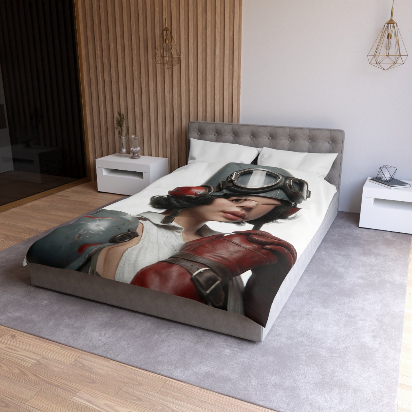 Vintage Pilot Portrait Microfiber Duvet Cover – Crimson Goggles & Steel Helm
