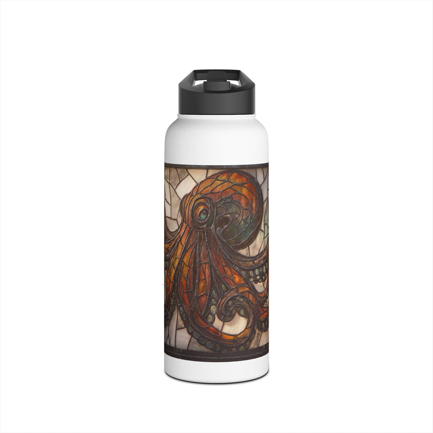Stained Glass Octopus Water Bottle – Amber Depths and Iron Lace