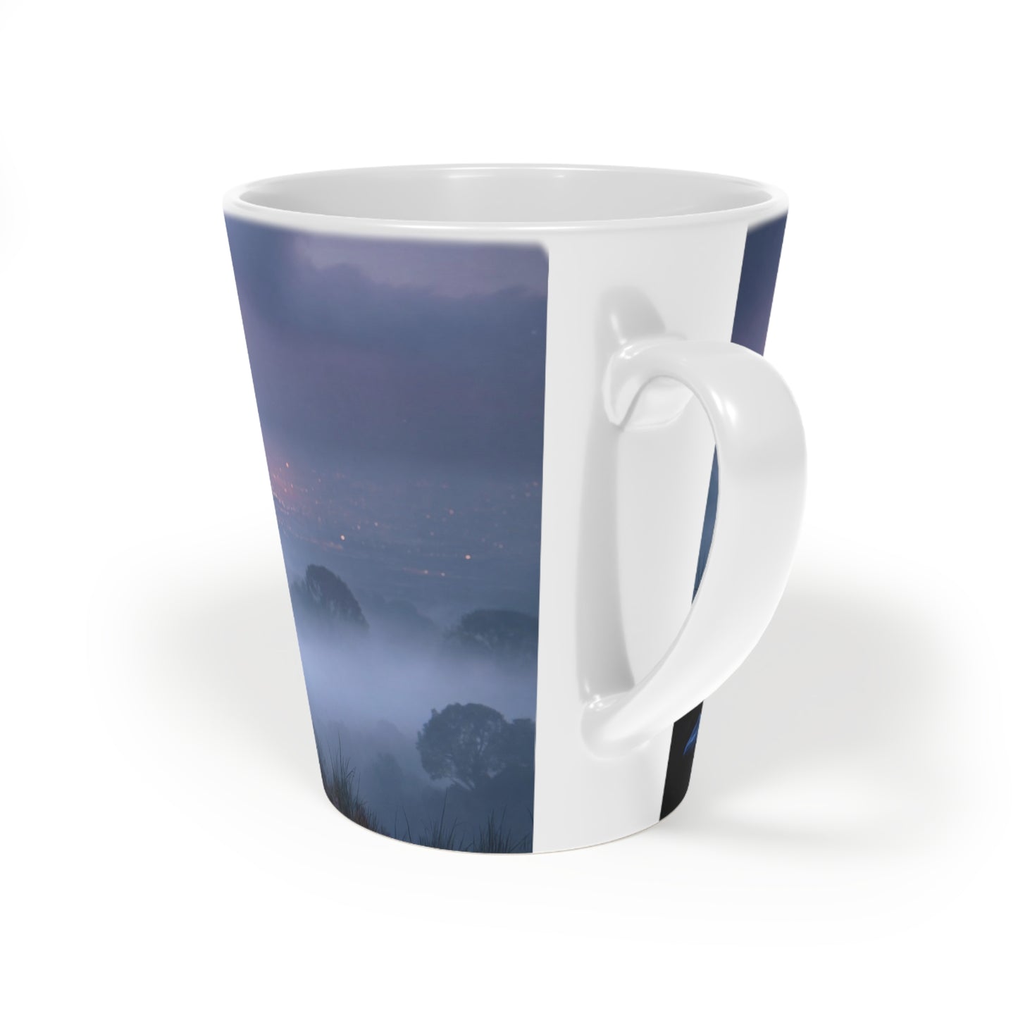 Moonlit Wanderer Latte Mug, 12oz – Twilight Over the Misty Vale