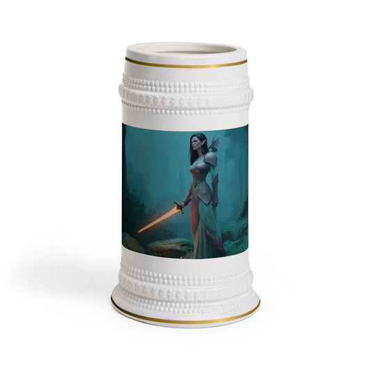 Elven Guardian with Glowing Blade Stein Mug – Misty Forest Sentinel