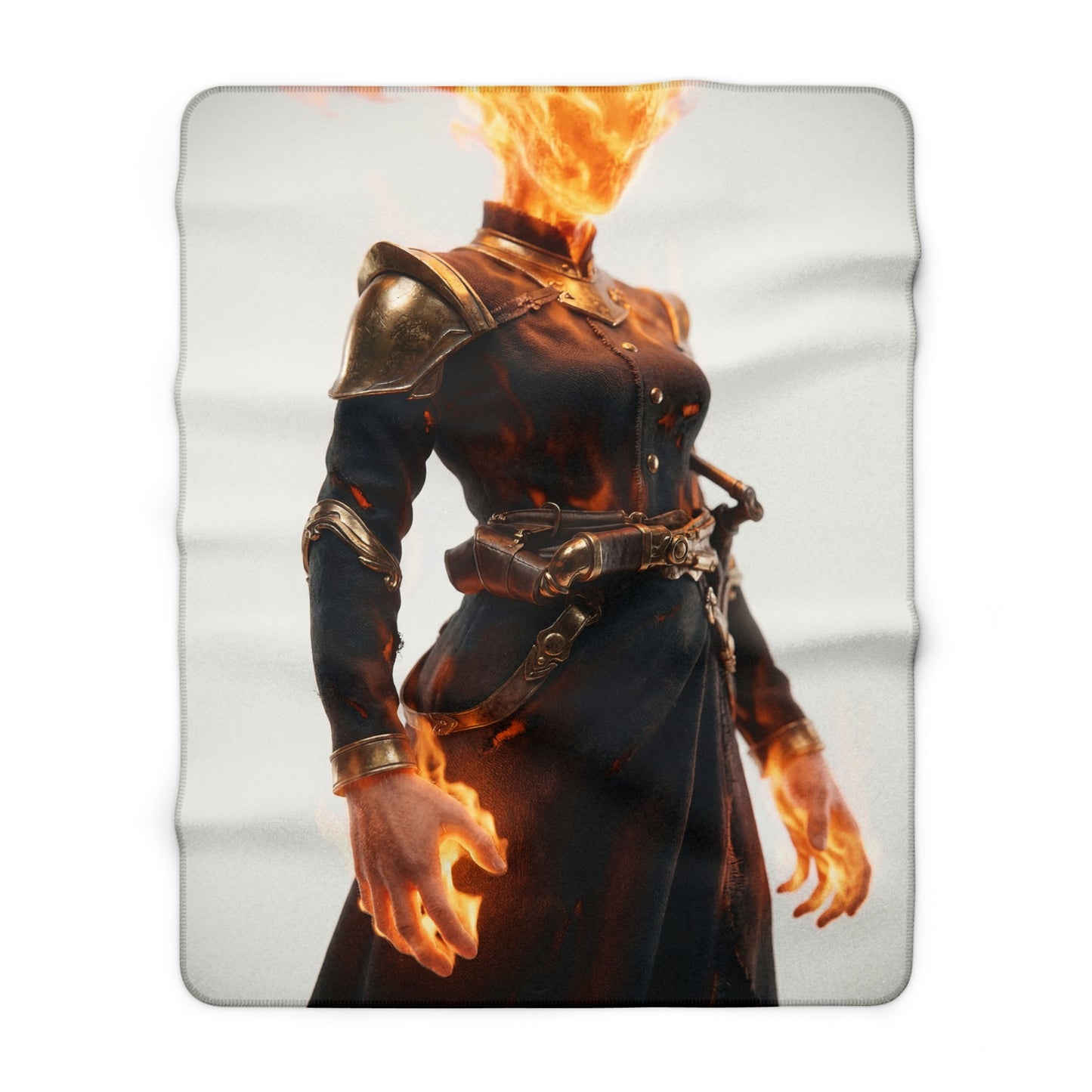 Fiery Sentinel Sherpa Fleece Blanket – Ember-Clad Guardian Portrait