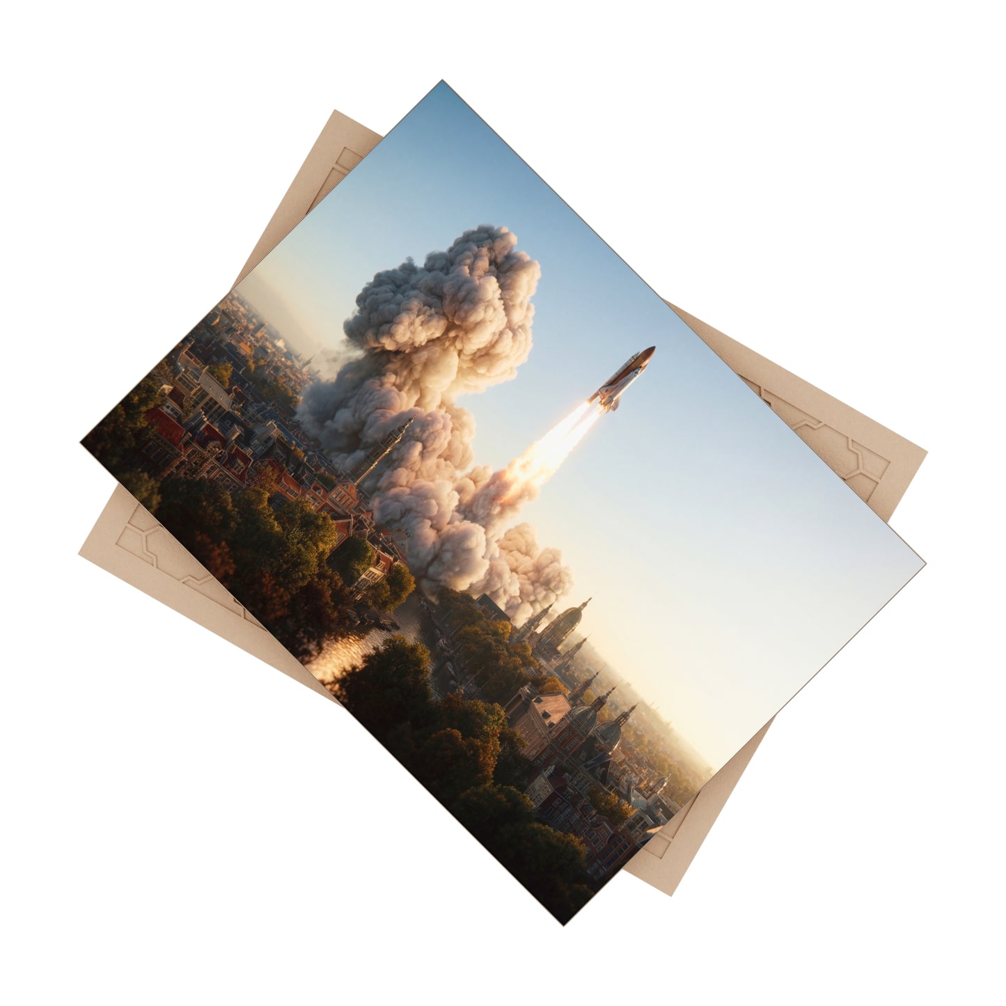 Rocket Launch Over Amsterdam Canals Ceramic Photo Tile – Dawn’s First Flight Through Brick and Water