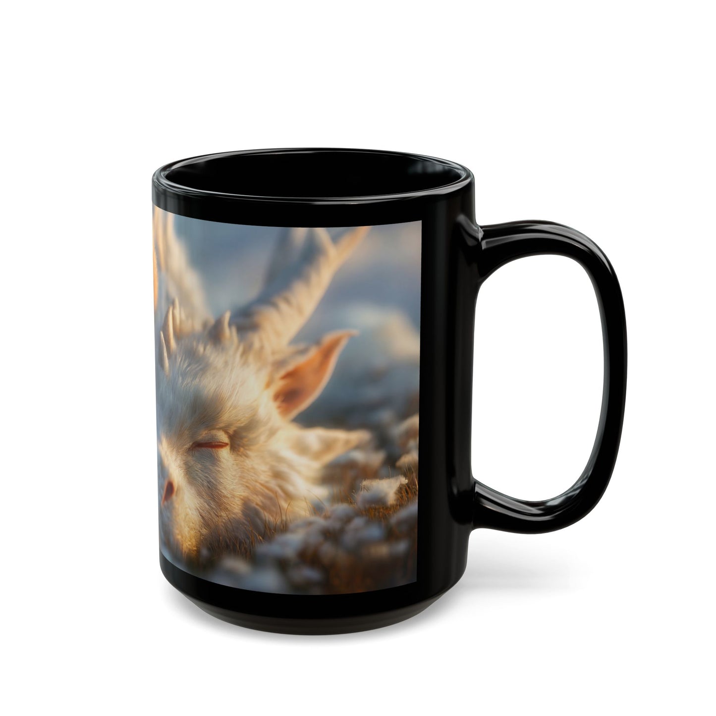 Winter’s Quiet Companion Black Mug – Snowdrift Embrace with Frost-Scaled Dragon