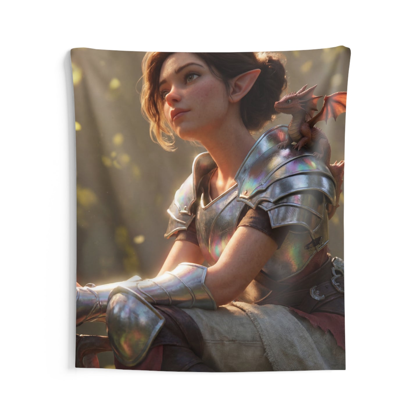 Elf Sentinel with Dragon Companion Indoor Wall Tapestries – Sunlit Forest Refuge