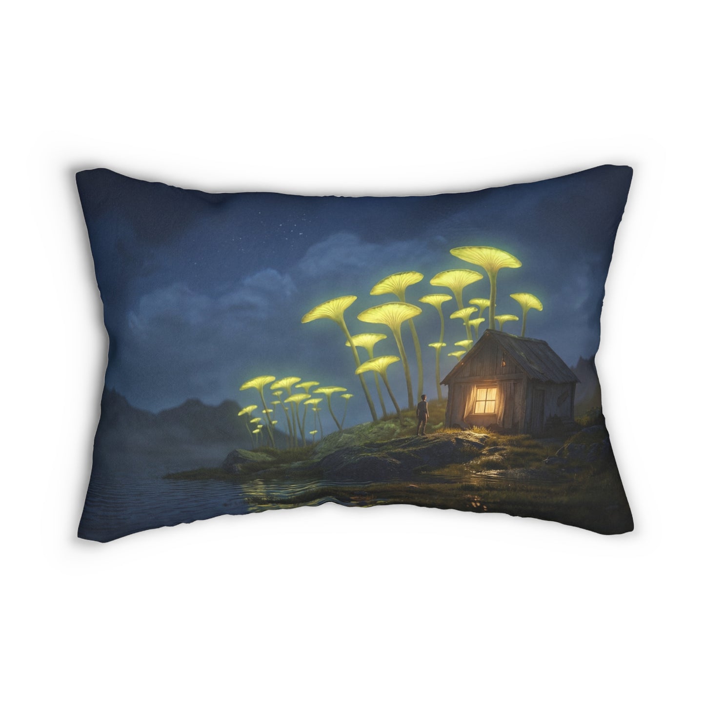 Luminous Mushroom Cottage Lumbar Pillow – Night Watcher’s Quiet Haven