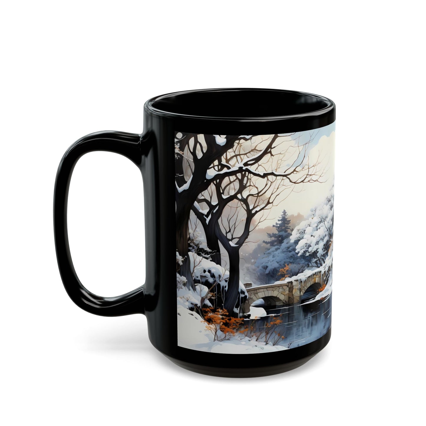 Winter Castle by the Frozen Stream Black Mug – Snow-Capped Dreamscape