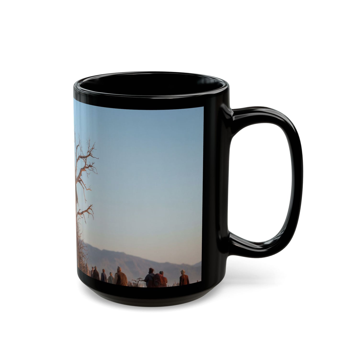 Clocktower in the Dust Black Mug – Wandering Timekeeper in the Desert