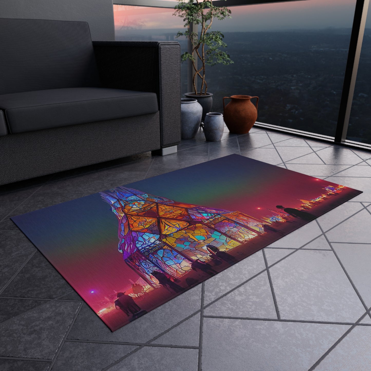 stained glass cathedral at burning man at night - Outdoor Rug