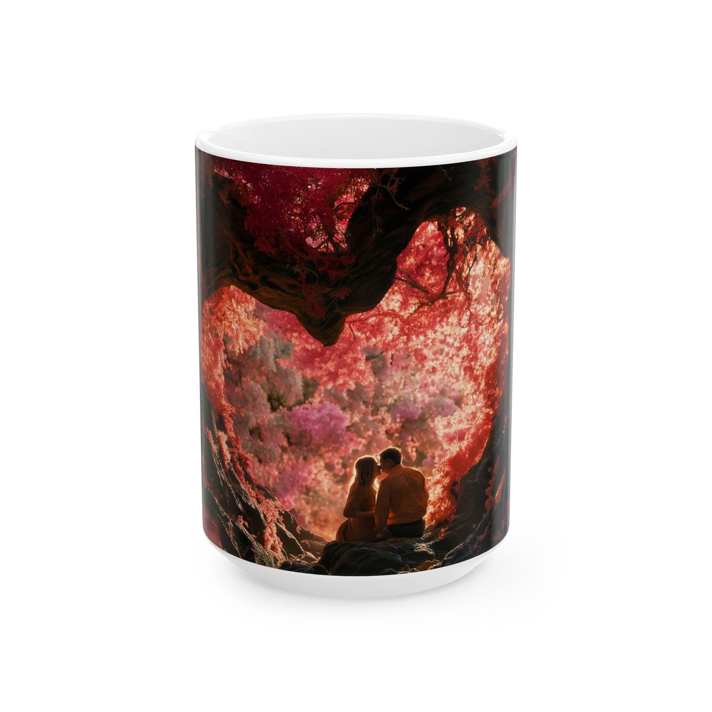 Crimson Canopy Ceramic Mug – Whispers of a Love-Spun Forest