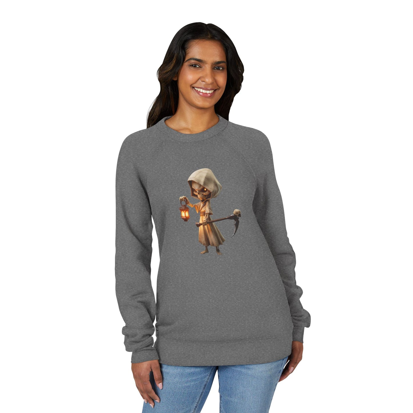 Lantern-Bearing Skeleton Sentinel Sweatshirt – Hooded Reaper with Scythe and Warm Glow
