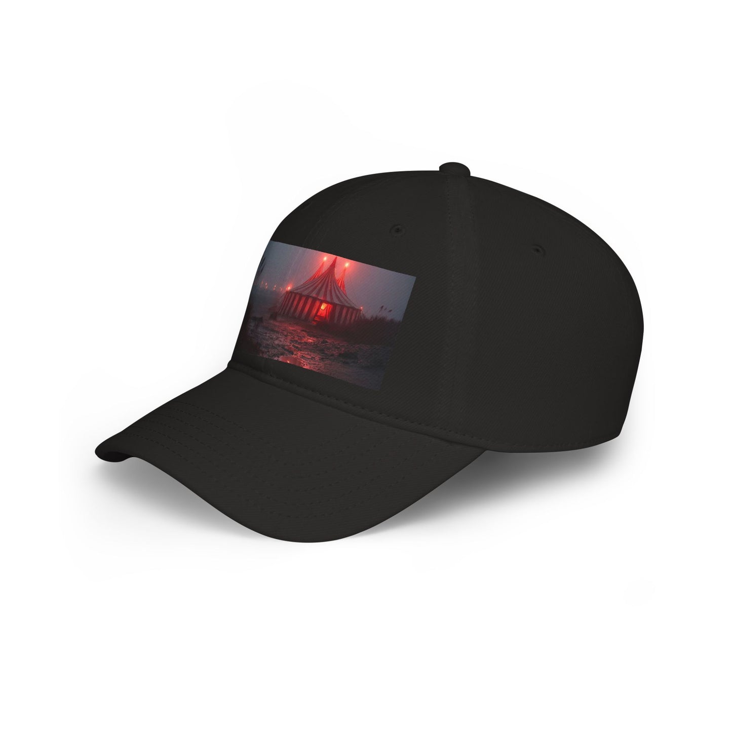 Crimson Carnival Tent Cap – Foggy Shoreline Circus Scene Low Profile Baseball Cap