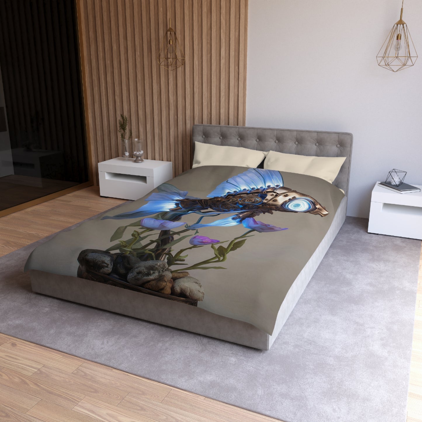 Steampunk Fish Microfiber Duvet Cover – Luminescent Gear & Petal Dreamscape