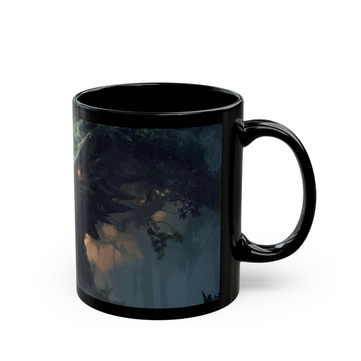 Ancient Dragon Guardian Black Mug – Forest Cathedral at Dusk